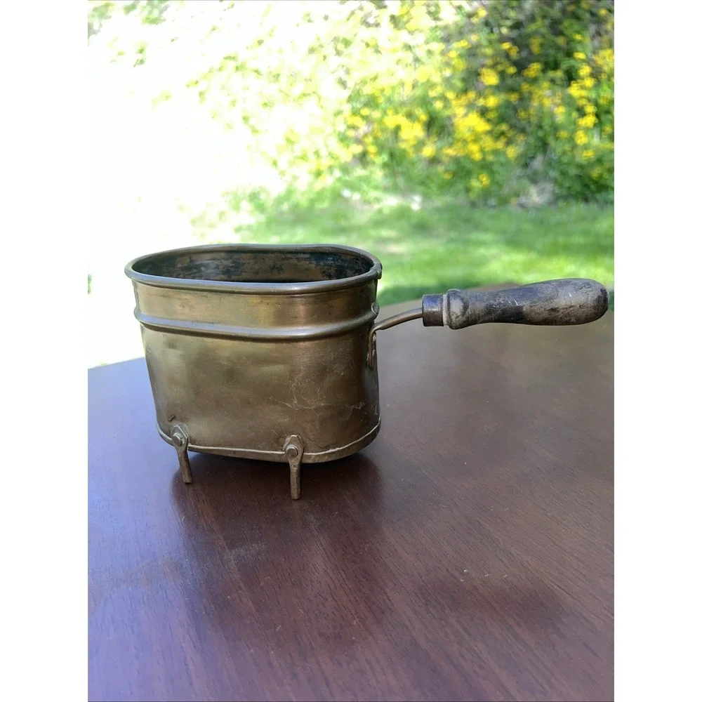 19th Century Copper Chocolate Wax Warmer Pot Brass Seam- Side Wooden Handle